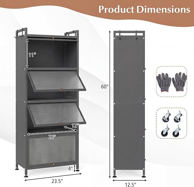 GIANTEX 5-Tier Kitchen Storage Cabinet, 4 PC Doors, Rolling Wheels, Grey | Mobile Metal Pantry Cabinet with 4 Hooks & Adjustable Feet, 60" Baker's Rack Microwave Stand for Dining & Living Room - Image 3