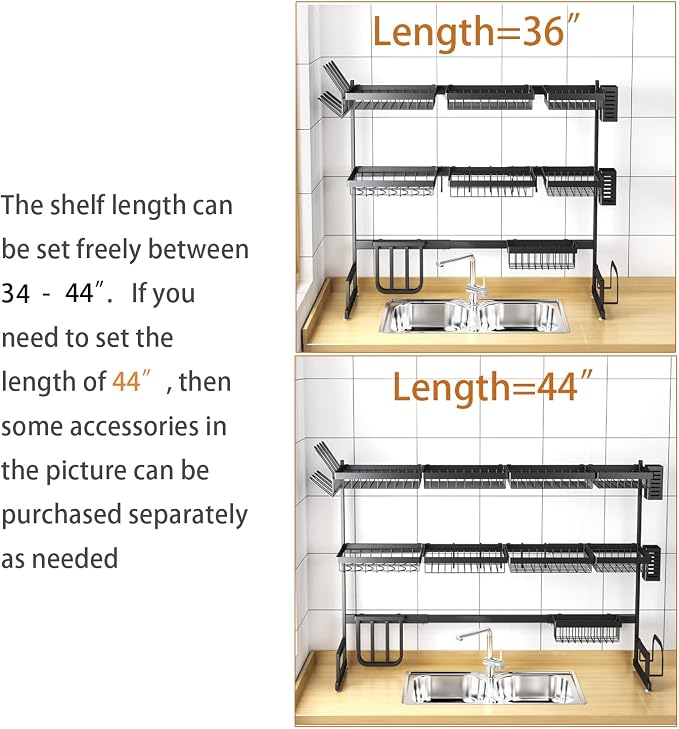 PUSDON Over Sink Dish Drying Rack Stainless Steel, Adjustable Large Dish Drainer for Storage Kitchen Organization White 3 Tier - Standard(34"-46") - Image 5