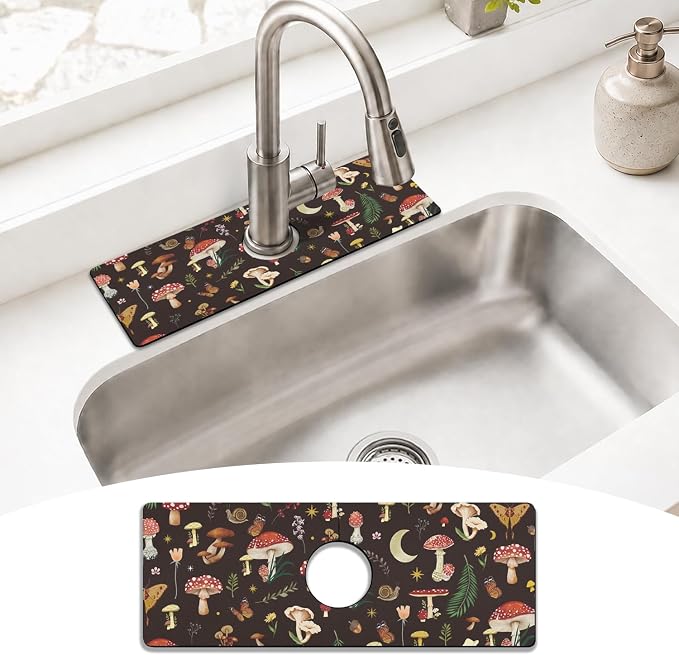Vintage Black Mushrooms Butterfly Kitchen Sink Splash Guard Faucet Mat,Faucet Non-Slip Absorbent Mat,Farmhouse Sink Splash Guard Behind Faucet for Kitchen Bathroom, 15"x5.5" by puwbnhj