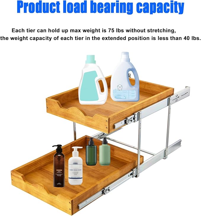 DINDON 2 Tier Pull Out Cabinet Organizer (14" W x 18" D) Slide Out Wood Drawer, Two Tier Sliding Shelf Organization and Storage… - Image 5