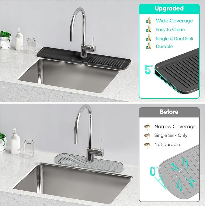 24 Inch Longer Faucet Mat for Kitchen Sink, 5° Slope Fast Self-draining, Kitchen Sink Splash Guard Silicone Sink Faucet Mat Splash Guard Kitchen Sink Area Tidy Splash Faucet Guard Draining Mat - Image 7