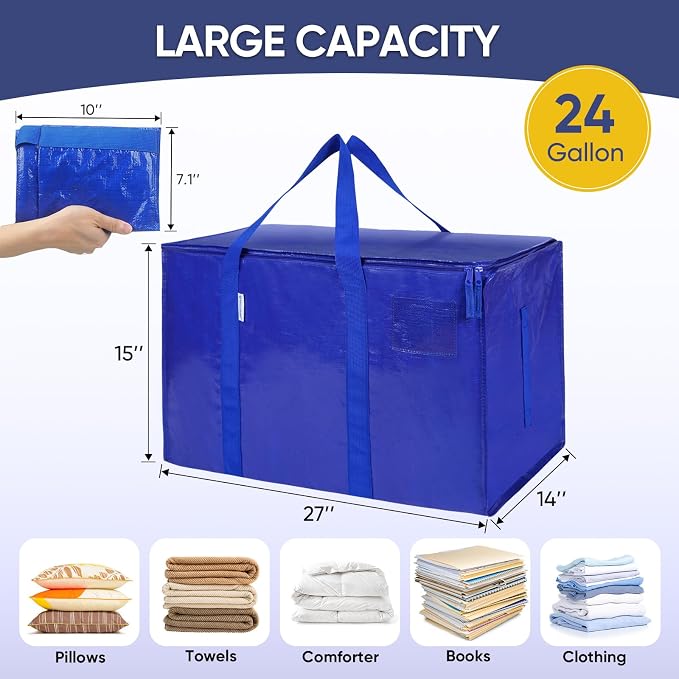 TICONN 12 Pack Extra Large Moving Bags Heavy Duty with Zippers & Carrying Handles, Durable Storage Bags Moving Boxes for Closet Organizers and Storage (12 Pack, Navy) - Image 3