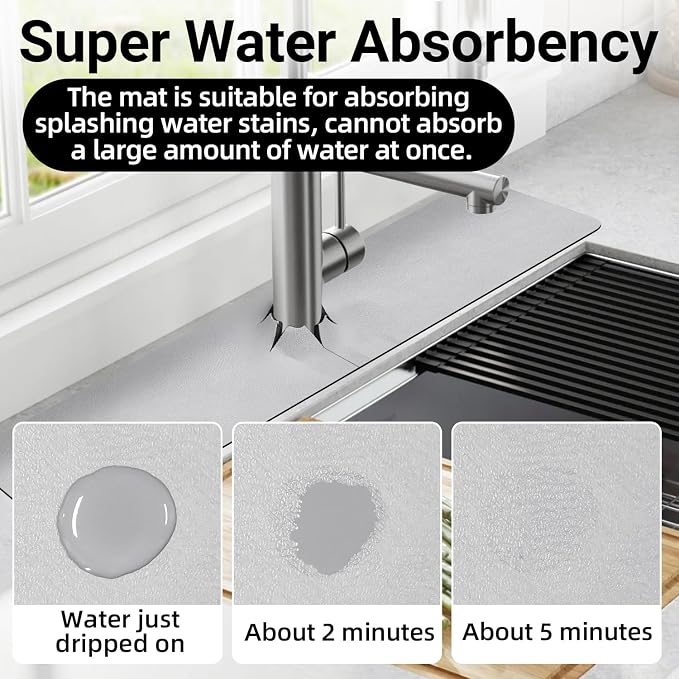 LOPNUR Cuttable Faucet Mat for Kitchen Sink, Long 24x5.5 Inch, Light Grey | Super Absorbent & Fast Dry Diatomite Sink Splash Guard, 0.8-2.4 Inch Adjustable Faucet Hole, Cut to Fit Bathroom & RV Sinks - Image 2