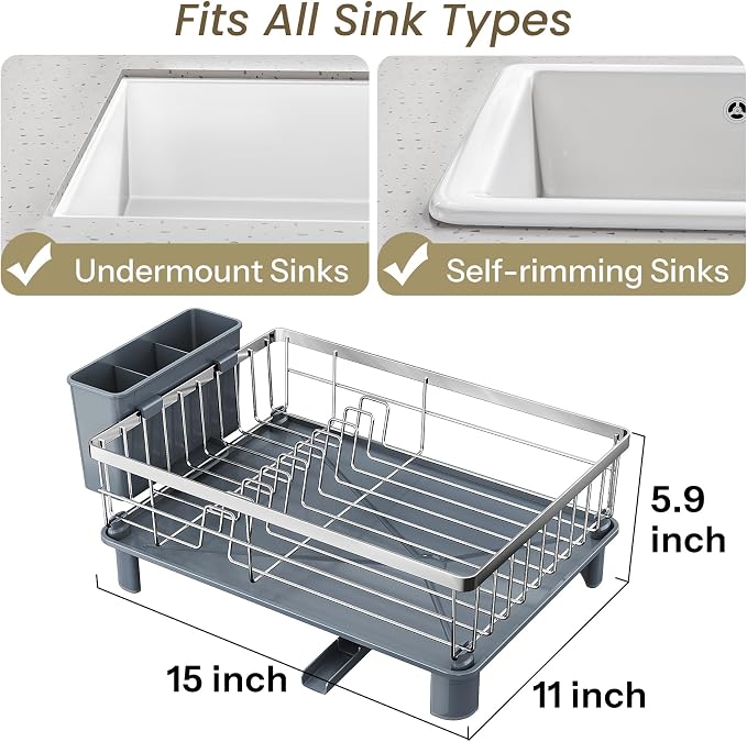 SNTD Dish Drying Rack for Small Kitchen Counter, 11" W x 15" L, Silver | Space Saving, Rotating Spout & Angled Drainboard for Quick Drainage, Stainless Steel, Removable Utensil Holder - Image 2