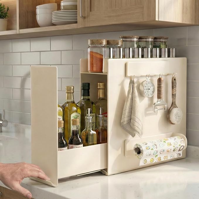 2-Tier Countertop Pull Out Spice Rack with Sliding Drawer, Cream | No Assembly, Magnetic Side Panels, Tall Bottle Storage, Ball-Bearing Slides, Paper Towel Holder and 4 Hooks, Carbon Steel by Unknown