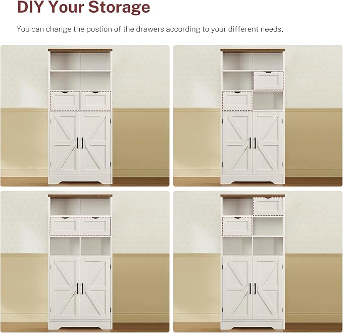 Storage Cabinet with Doors & 2 Drawers, Kitchen Cabinet with Adjustable Shelf, Pantry Cabinets, Bathroom Cabinets, for Living Room, Entryway, Home Office, White - Image 6