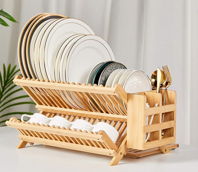 NOVAYEAH Bamboo Wooden Dish Rack, Wooden Dish Drying Drainer Rack | 3-Tier Collapsible Large Dish Drying Rack Folding Drying Holder for Kitchen Counter, Plate Holder Organization - Image 2