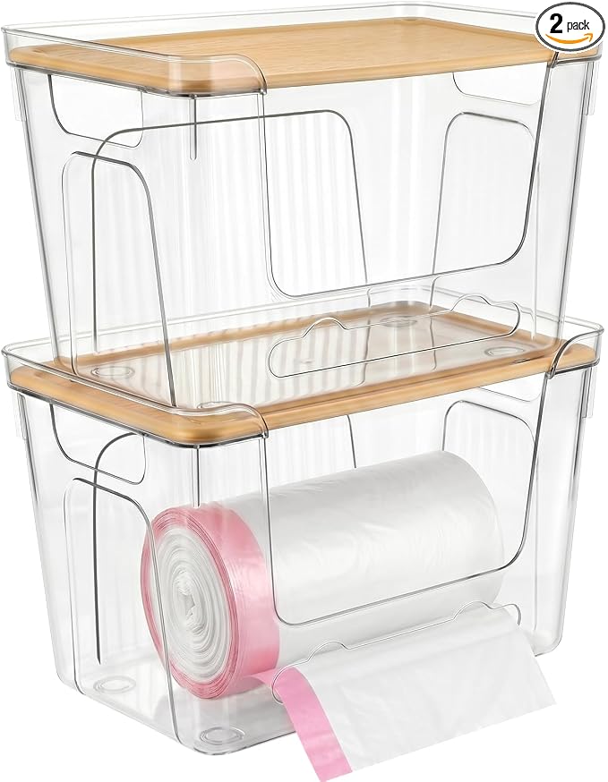 CANTAMI Plastic Trash Bag Dispenser with Lids, Stackable, 2Pack, 2XL | Clear Trash Bag Organizer for Kitchen, Laundry Room, Under Sink Organization and Storage by CANTAMI