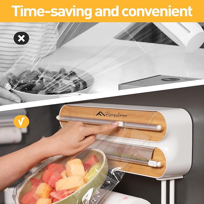 APSARAS USA Magnetic Plastic Wrap Dispenser with Cutter, 3 in 1 Aluminum Foil wrap Organizer, Practical Refillable Cling Wrap Film Cutter, Wall Mount Kitchen Wrap Dispenser, Include 2 * 12" Rolls - Image 6