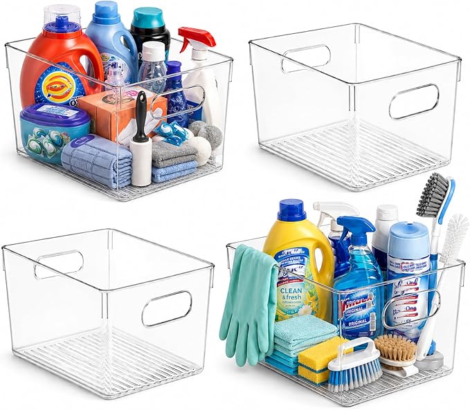 MOONEDGE 4 Pack Extra Large Clear Plastic Storage Bins 13x10x8in Organizers | 16QT Each, Pantry Organizers and Storage, Cabinet Storage, Bathroom, Closet, Under-Sink, Kitchen Shelves, Side Handles, Home by MOONEDGE