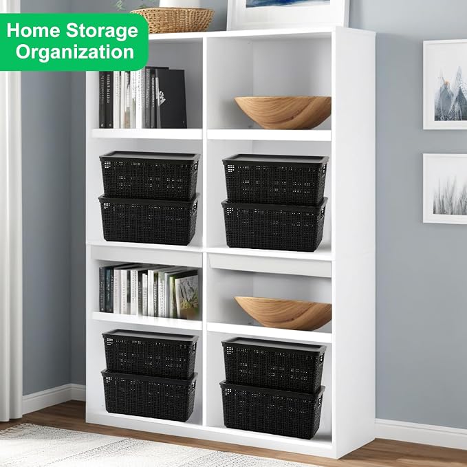 6 Pack Plastic Storage Baskets with Lid,Black Stackable Bins | Durable Woven Plastic With handle Breathable,Save space ,For Organizing Desktops, Closets, Playrooms, Classrooms, Offices - Image 7