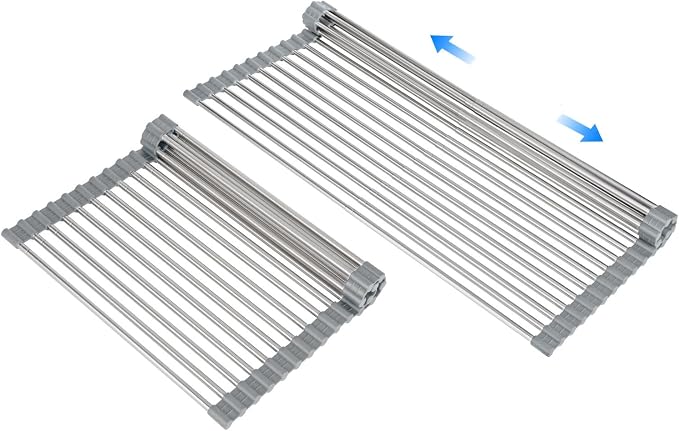 Large Expandable Roll Up Dish Drying Rack, Heat-Resistant Dish Drainer for Stainless Steel Sinks, Over The Sink Non-Slip Silicone Rollable Dish Drainer Roll Rack 18 Tube Gray 21.25''x12.79'' by ARAINY