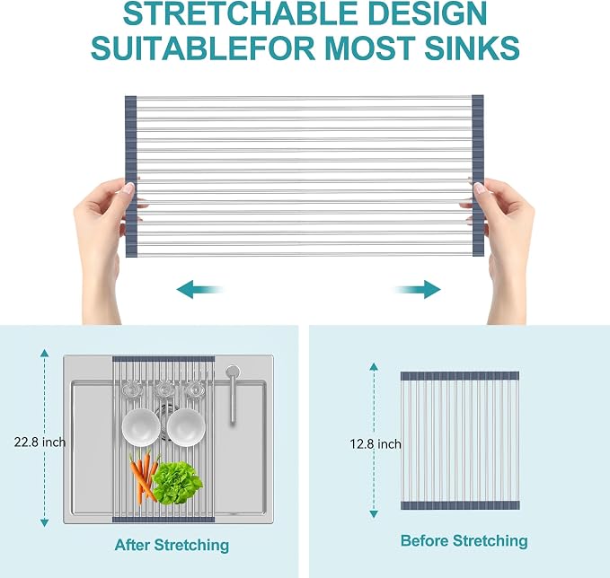 BBXTYLY Extra Large Expandable Roll Up Dish Drying Rack,Over The Sink Drying Rack Sink Cover Kitchen Sink Accessories Kitchen Rolling up Stainless Steel Drainer, Foldable,Rollable（Gray，22.8''-12.4''） - Image 4