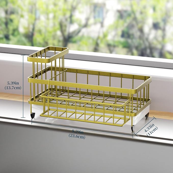 Consumest Sponge Holder for Kitchen Sink - Auto Draining Sink Caddy Organizer with Detachable Rack, High Brush Holder, Kitchen Countertop Storage Accessories, Light Gold - Image 6