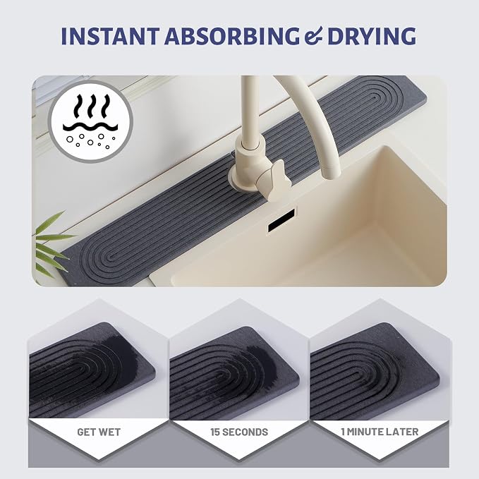 Stone Faucet Mat for Kitchen Sink, Water Absorbing Sink Water Splash Guard | Sink Splash Guard Water Absorbing Stone Tray for Sink, Counter Protector Matt for Kitchen & Bathroom - Image 3