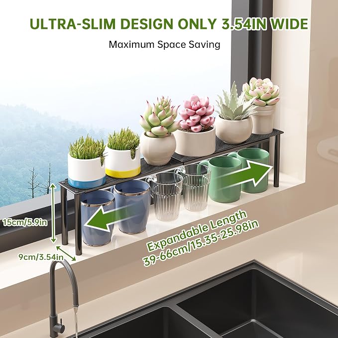 Window Sill Plant Shelf,Expandable Narrow Shelf Organizer for Over the Sink | Expandable from 15.3-25.9", Narrow 3.5" design, Large lower‑level space, Rust-resistant steel holds 22lbs, Simple assembly - Image 3
