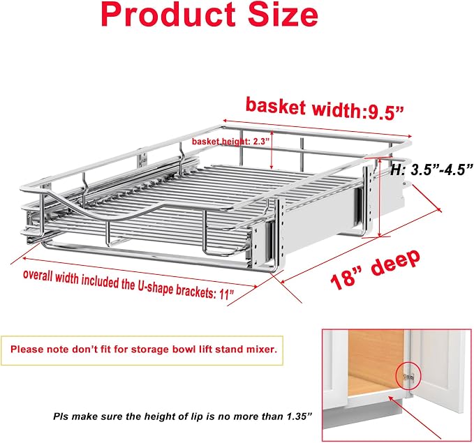 DINDON Pull Out Cabinet Organizer, (11" W x 18" D) Heavy-Duty Metal Sliding Drawer Shelf, Bathroom Under Sink Kitchen Cabinets Organizer and Storage Slide Out Shelves, Chrome, 1 Tier, 2 Pack - Image 2