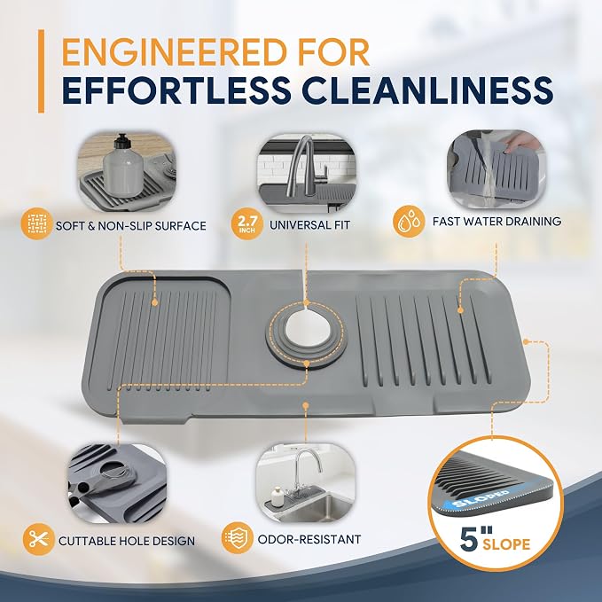14.6” Silicone Faucet Mat For Kitchen Sink, Kitchen Sink Splash Guard Behind Faucet, Kitchen Faucet Mat For Kitchen Sink, Kitchen Sink Faucet Mat Splash Guard and Sink Water Splash Guard (Gray) - Image 5