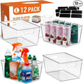12 PACK LARGE Clear Storage Bins with Handles & Labels, Multiuse Plastic Pantry Organizer Bins for Home Kitchen, Fridge, Freezer, Cabinet, Closet, Bathroom, Shelf, Laundry, RV, Under Sink Organization by MakeLifeBetterEasier