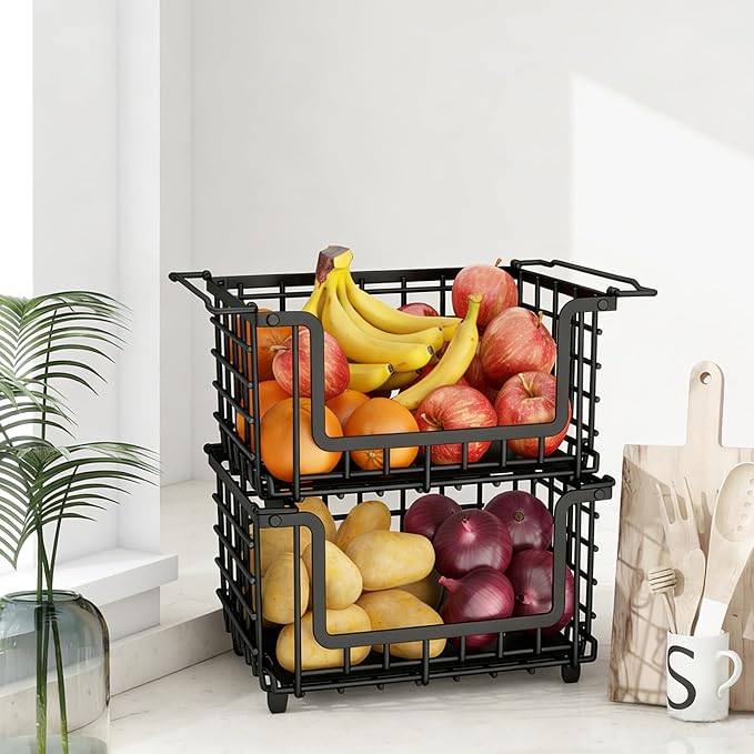 2 Pack Stackable Metal Wire Vegetable Fruit Basket for Kitchen Counter Cabinet, Pantry Organizers and Storage Basket, Food Can Snack Onion Potato Bread Storage Shelf Freezer Organizer Bins Containers by Unknown