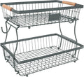 Fruit Basket Bowl 2 Tier Detachable with 2 Banana Hangers, Fruit Stand Holder for Kitchen Countertop, Metal Wire Vegetable Storage Organizer, for Bread Snack Veggies Produce, gray by Lawhood-Mijin