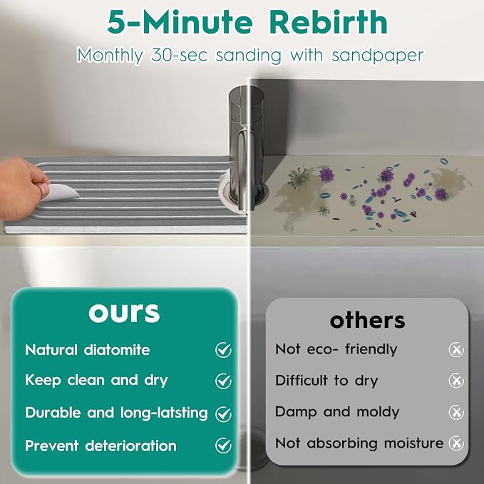 16 Inch Stone Faucet Mat for Kitchen Sink, Light Grey | Sink Splash Guard, Water Absorbing Stone Tray, Super Absorbent, Diatomite Drain Protector，for Kitchen Bathroom Counter - Image 6