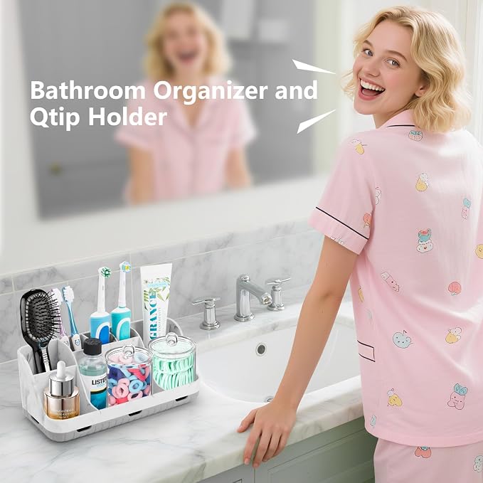 GFWARE Marble Bathroom Toothbrush Holder Set with 2 Qtip Holder Dispenser | Detachable 7 Slots Bathroom Accessory Set, Kids Bathroom Sink Counter Set, Bathroom Essentials Decor, Anti-Slip, Marble-Look - Image 2