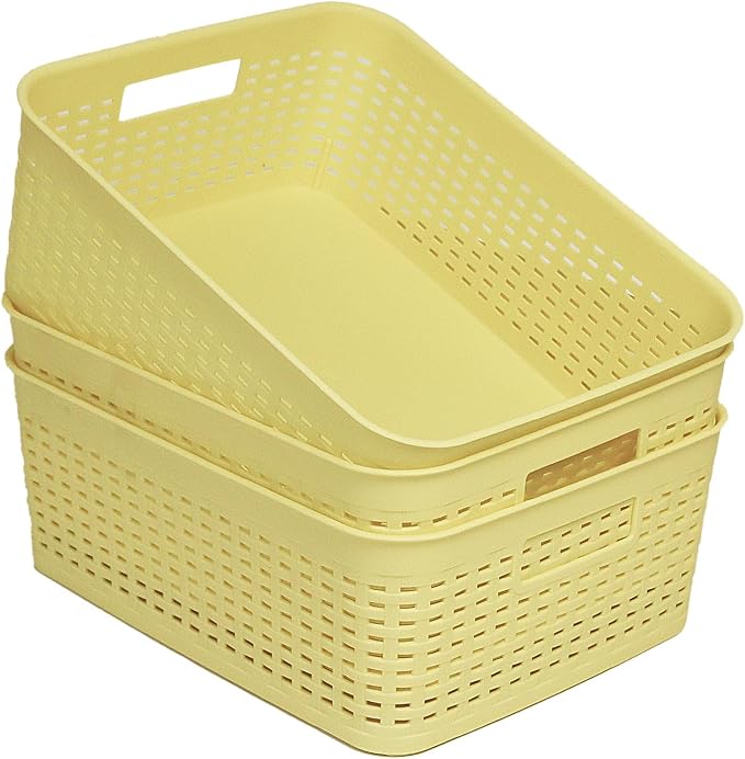 Plastic Storage Baskets for Cabinets, Household Pantry Organization with Handle,Organizer Bins for Room,Bathrooms,Under-Sink,Kitchen (Yellow, M-3PACK) by Soddeph