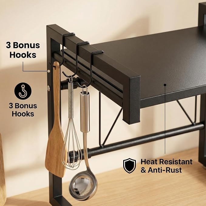 PUSDON Adjustable Carbon Steel Microwave Oven Rack, 2-Tier with 3 Hooks, 55lbs Weight Capacity, Black - Image 7