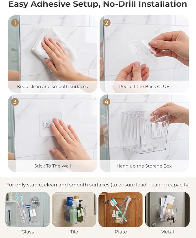 Wall Mount Organizer, 6 Hooks and 4 Pack Cabinet Door Storage Bins, Space-Saving Adhesive Bathroom Wall Organizer, Wall Storage for Office, Cabinet, Pantry, Kitchen, Makeup - Image 3