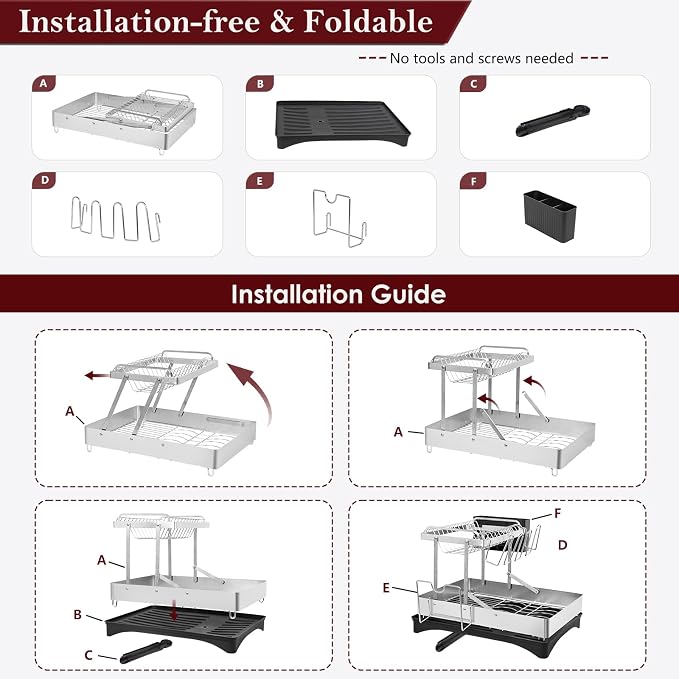 Dish Drying Rack, 2 Tier Foldable Stainless Steel Dish Racks for Kitchen Counter, Multifunctional Large Dish Drainer with Rotatable Spout, Utensil Holder and Mug Holder, Silver Black - Image 7
