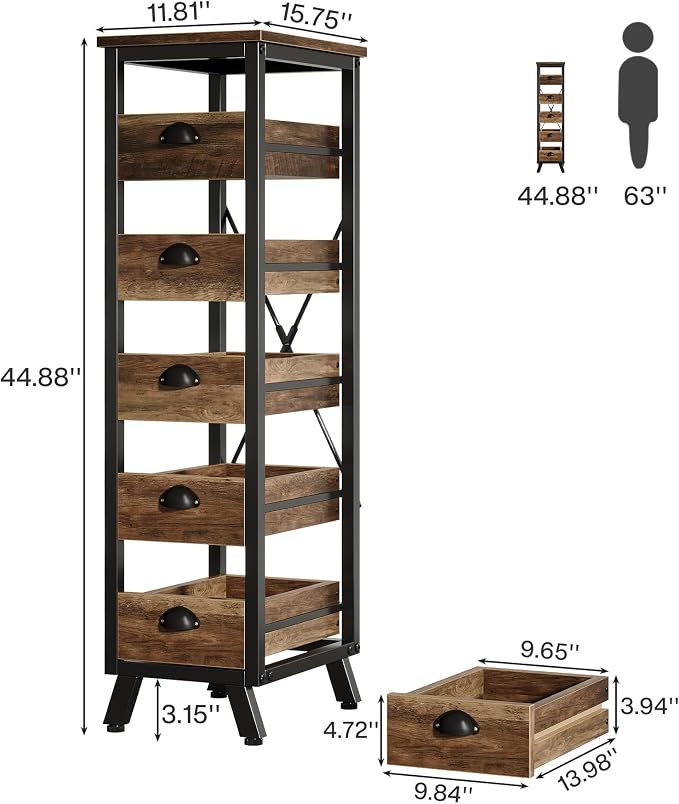 Tribesigns 5-Tier Kitchen Stand Fruit and Vegetable Storage Rack Set of 2 | 5-Tier Narrow Wood Corner Snack Stand Fruit Basket, Pull-Out Utility Organizer for Kitchen, Living Room, Rustic Brown - Image 2