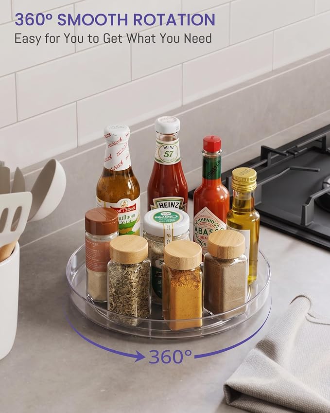 2 Pack 9 Inch Elegant Clear Turntable Acrylic Lazy Susan, Non-Skid Rotating | Smoothly Kitchen Spice Rack, Cabinet Pantry Organization Storage, Refrigerator, Vanity Makeup, Bathroom Countertop Organizer - Image 7