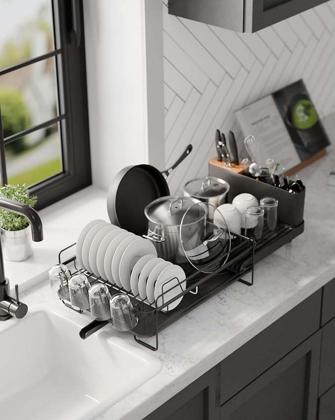 Kitsure Extendable Dish Drying Rack, 19.2"-26.7" L x 12.9" W, Black | Large Dish Rack, Multifunctional Dish Rack for Kitchen Counter, Anti-Rust Dish Drainers with Cutlery & Cup Holders - Image 9