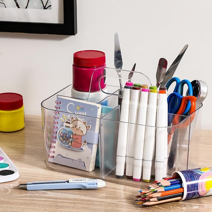 Multiuse Caddy Organizer with Handle, Portable Divided Plastic Tote Bin - Art Craft, Stationary Pen Marker Crayons, Makeup Hair Supplies Storage - Bathroom, Classroom, Dorm, Office, Desk Holder -Clear - Image 4