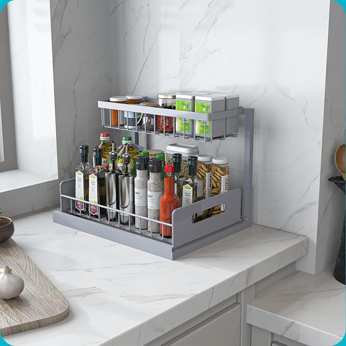 Under Sink Organizer, Pull Out Cabinet Organizer 2 Tier | Slide Out Sink Shelf Cabinet Storage Shelves, Under Sink Storage for Kitchen Bathroom Cabinet, Grey, 1 Pack - Image 3