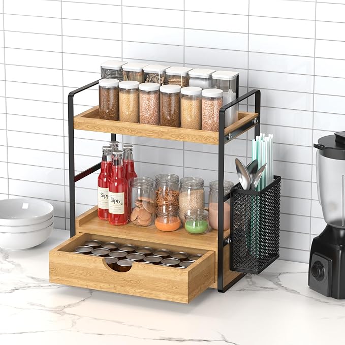 Bathroom Counter Organizer with Drawer and Basket,Wood Countertop Organizer for Bathroom Decor Makeup Tray for Perfume Skincare Bedroom Kitchen Corner - Image 6