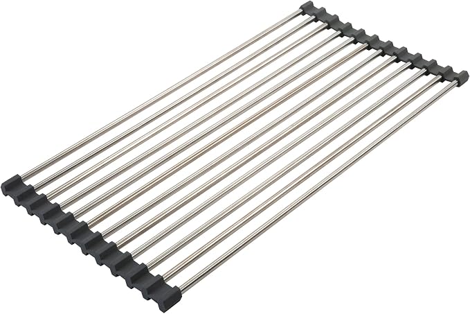 Kitchen Details Over The Sink Drying Rack | Roll Up Dish Mat | Easy Storage | Stainless Steel | Non-Slip Silicone | Drain Tray | BPA Free | Food Safe | Space Saving | Grey - Image 3