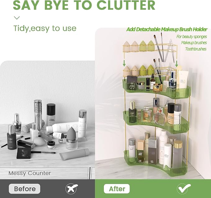 Makeup Organizer 3 Tier Bathroom Counter Organizer with Makeup Brush Holder | Corner Bathroom Organizer Countertop, Acrylic Counter Storage for Bathroom Dresser, Skincare Perfume Organizer- Green - Image 2