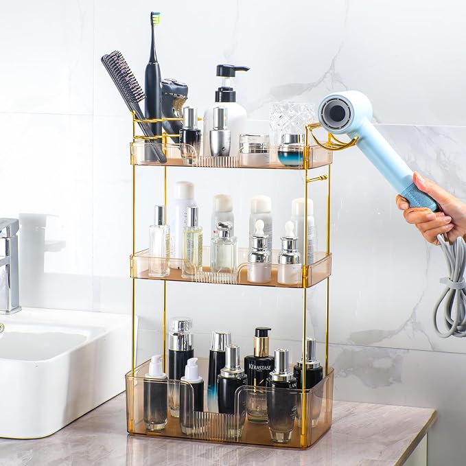 Akinbas 3 Tier Bathroom Organizer Countertop Makeup Perfume Tray Skincare Organizer Comes with Hair Dryer Rack and Toothbrush Holder for Bathroom Dresser Vanity (Gold) - Image 6