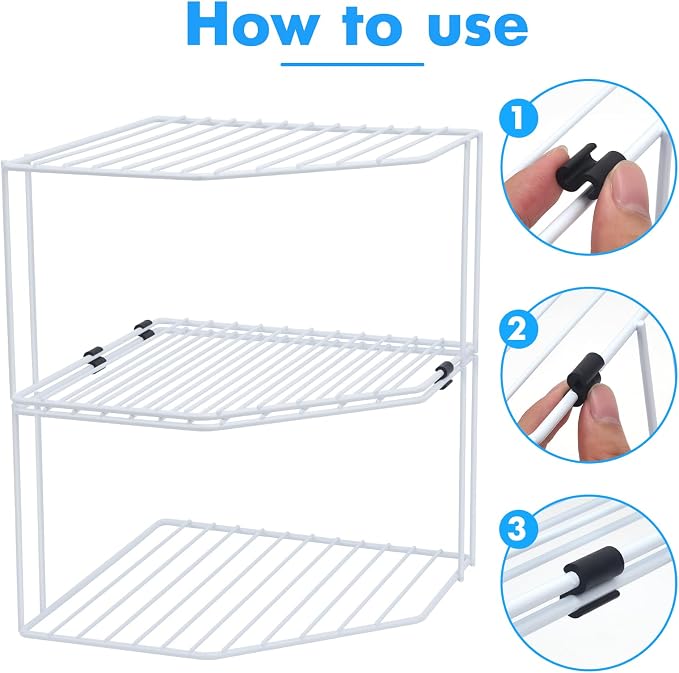 AKAZA 2Pcs 2-Tier Corner Stackable Organizer Shelf for Kitchen - Cabinet Storage Shelf Rack, Shelves，Kitchen Counter and Cabinet Shelf, Storage Rack Organizer (White) - Image 5