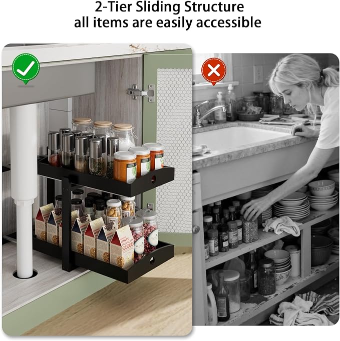2 Pack Bamboo Under Sink Organizer, 2-Tier Pull-Out Drawers, Kitchen & Bath | Pull-out drawers keep cleaners and tall bottles visible, organized and easy to reach in kitchen or bathroom cabinets - Image 7