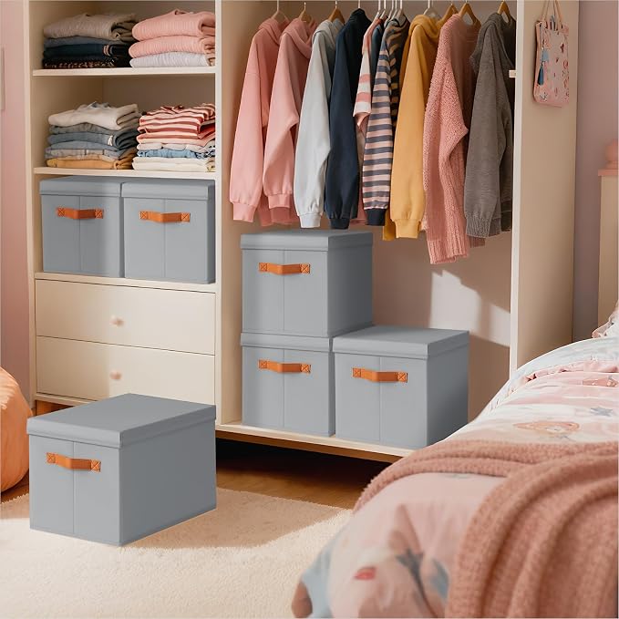 Storage Bins with Lids - Fabric Storage Baskets for Shelves, 8 Pack Foldable Decorative Boxes with Handles, Stackable Organizer Bins for Home, Nursery, Dorm, Grey - Image 7