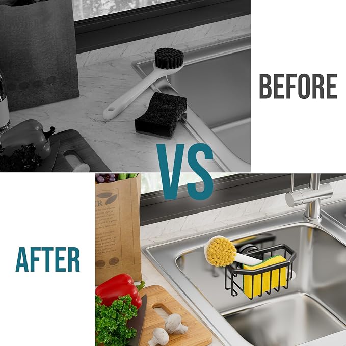 TAILI Sponge Holder for Kitchen Sink with Strong Suction Cup-Black | Removable Sink Caddy for Kitchen Sink Oganizer, Rustproof Aluminum Sink Sponge Holder for Scraper Brushes, Stoppers - Image 6