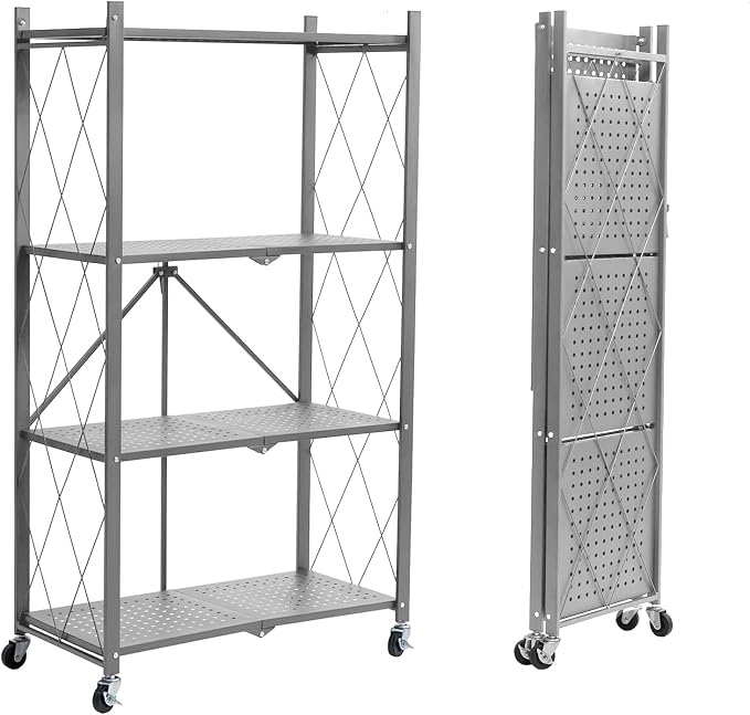 BRIAN & DANY 4-Tier Foldable Storage Shelves with Wheels, Folding Metal Rack Shelving Unit, Heavy Duty No Assembly Organizer Shelf for Garage, Kitchen, Basement, Pantry, Gray by BRIANDANY