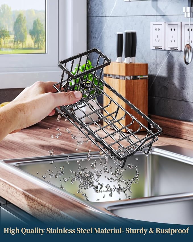 Consumest Sink Caddy, Kitchen Sponge Holder with Dish Brush Holder, Kitchen Sink Organizer with Drip Tray for Countertop Stainless Steel Rustproof, Black-Large - Image 5