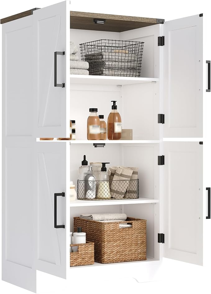 Treocho Farmhouse Bathroom Floor Cabinet with Adjustable Shelves | 11.81"D x 23.62"W x 43.46"H, Freestanding Kitchen Pantry Cabinet, Cupboard for Living Room, Dining Room, White - Image 9