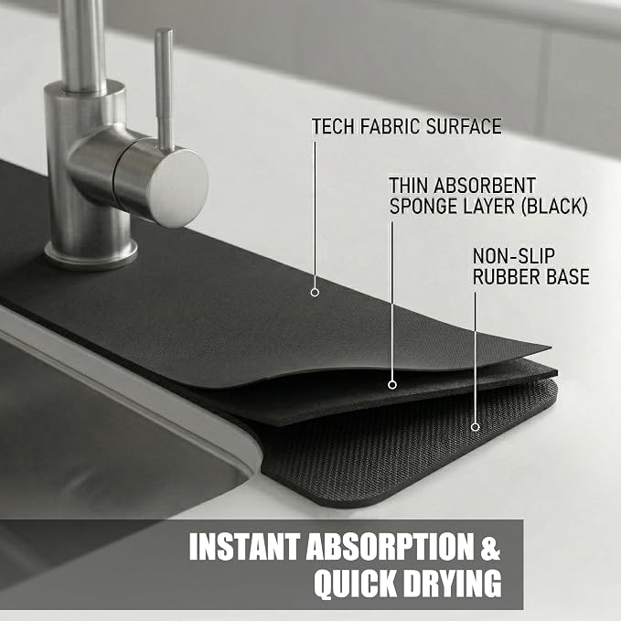 Absorbent Kitchen Sink Faucet Mat: 2PCS 14"Lx5.5"W Small Splash Guard for Compact Sink - Fits Irregular Sink with 2, 3 holes, Soap Dispenser & Air Gap - Cuttable Drip Catcher for Bathroom RV Bar - Image 5