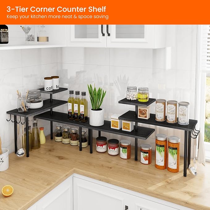 Bathroom Counter Organizer Corner Shelf, Kitchen Countertop Organizer, 3 Tier Wood Counter Shelf Stand for Over The Sink, Coffee Station, Desktop, Black - Image 3