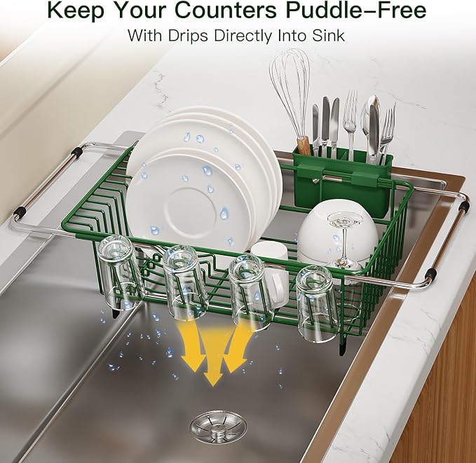 Green Dish Drying Rack Over The Sink with Utensil Holder | Expandable Stainless Steel Dish Drainer for Small Kitchen, Apartment, RV, Counter Space Saving, Perfect Fit, Rustproof - Image 8